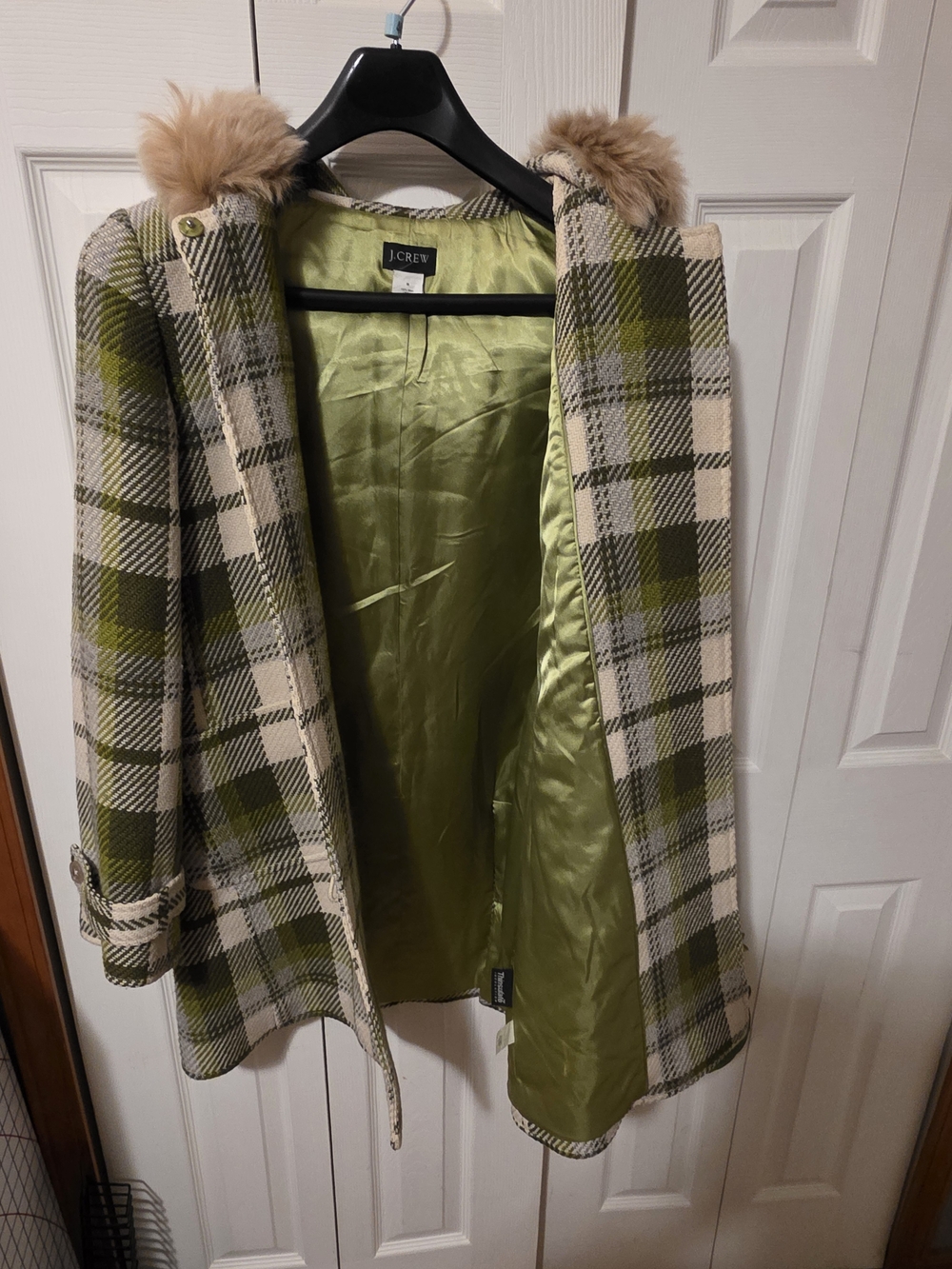 J. Crew Green & Cream Plaid Toggle Pea Coat with Faux Fur Trim - Picture 3 of 5